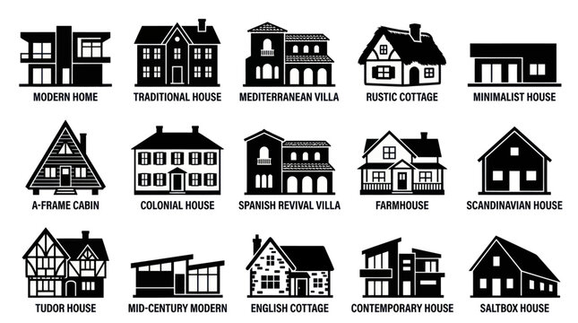 Black and White Icons of Various House Styles on White Background