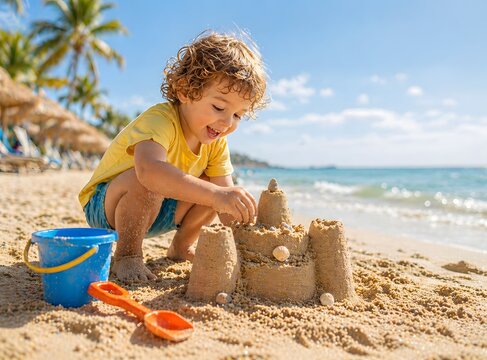 Kind baut eine Sandburg am Strand und genie&szlig;t den Sommerurlaub