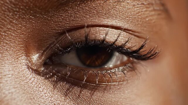 Extreme macro of a brown human eye with long lashes