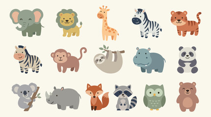 Fototapeta premium Cute Cartoon Safari Animals Flat Vector Illustration - Children's Illustration