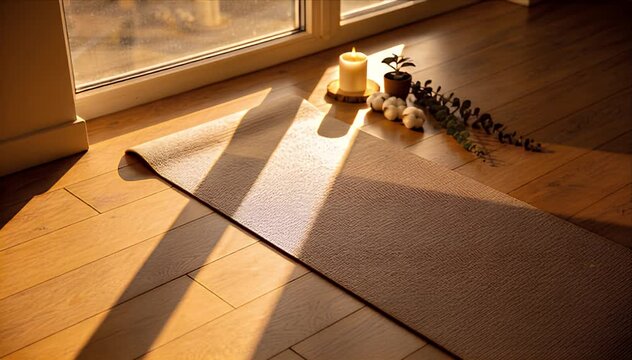 Morning Mindfulness Morning mindfulness yoga mat in warm sunlight beside candle and plant on wooden floor creating calm home meditation scene with shadow and wood floor