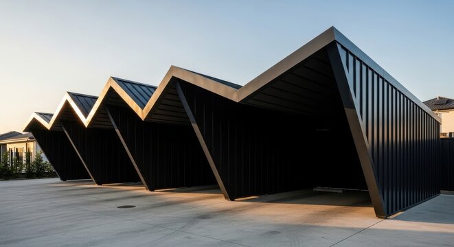 Modern carport with a distinctive zigzag roofline in urban setting