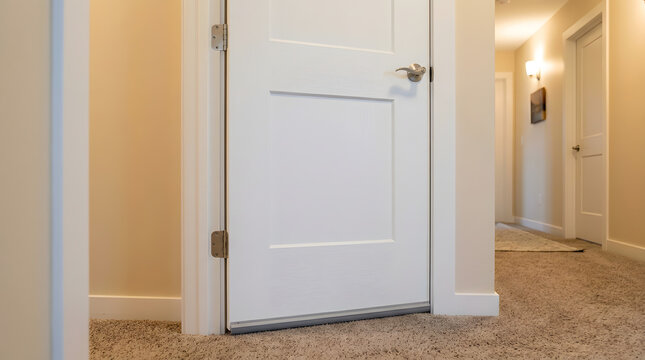 White Interior Door with Grey Door Sweep | Weather Stripping for Energy Efficiency | Draft Stopper on Bedroom Door over Carpet | Home Maintenance for Insulation and Soundproofing | Under Door Seal