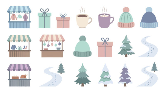 Festive Winter Market Stalls, Gifts, Hot Drinks, and Christmas Trees Flat Icons
