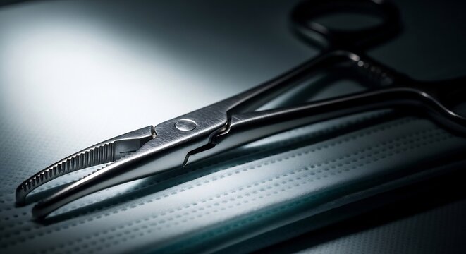 Close-up of Surgical Forceps on a Textured Surface.