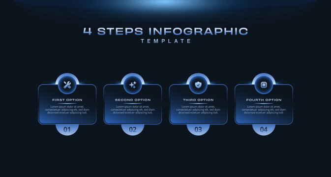 4 steps dark blue tech infographic template for modern data visualization, workflow, and presentations. fintech, IT, startups, digital marketing, cybersecurity, analytics, corporate strategy