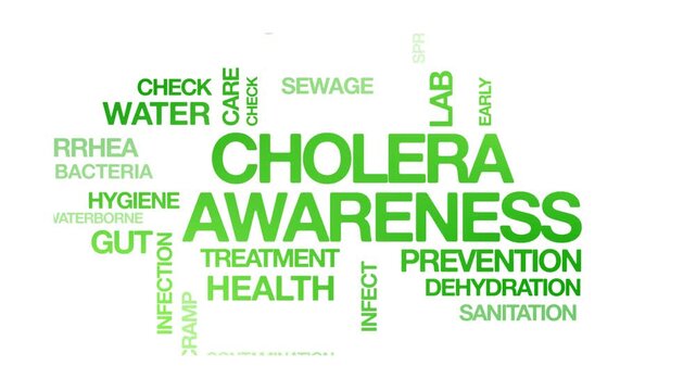 cholera awareness concept Animated Tag Word Cloud kinetic typography, Text Design Animation typography seamless loop video motion graphics Intro Wordart green type on white background bg backdrop