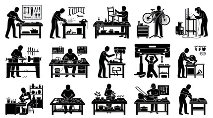 Obraz premium Black White Glyph Icons Set of Craftsmen Tradesmen Working in Workshops