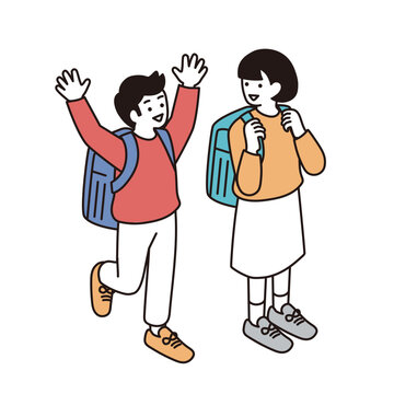 アイソメトリック構図の小学生のシンプルな線画のイラス