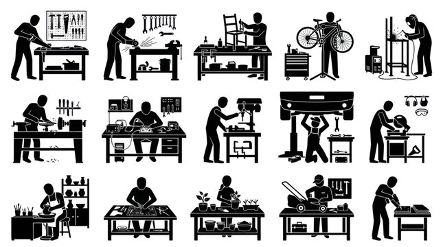 Black  White Glyph Icons Set of Craftsmen  Tradesmen Working in Workshops