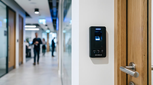 Biometric Fingerprint Scanner on Office Wall | Modern Access Control System for Workplace Security | Secure Identification Technology | Smart Building Safety and Digital Entry Guard | High-Tech Biomet
