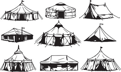 Hand drawn tent set featuring various traditional and vintage shelters for camping and outdoor activities. Vintage Outdoor Shelter Vector Set © Lal mia