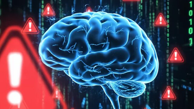 Blue brain with red warning signs emphasizing advanced technology and cybersecurity
