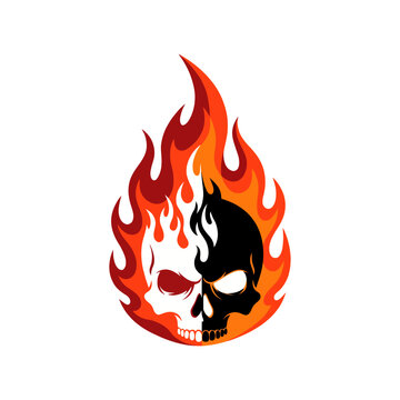 A striking graphic showcasing two skulls, one white and one black, entwined in vibrant flames, representing the duality of life and death in a bold artistic design.