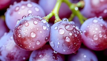 Obraz premium Macro shot of plump, juicy grapes glistening with fresh water droplets, highlighted by soft, diffused light and a shallow depth of field