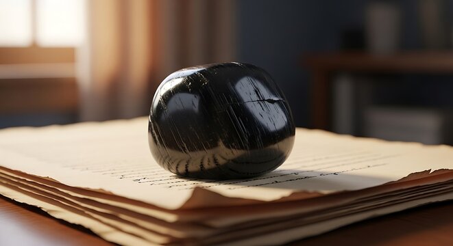Black shiny paperweight sitting on a stack of old vintage parchment papers.
