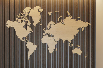 3D Wooden World Map on Vertical Wood Slatted Wall Interior © Dulal