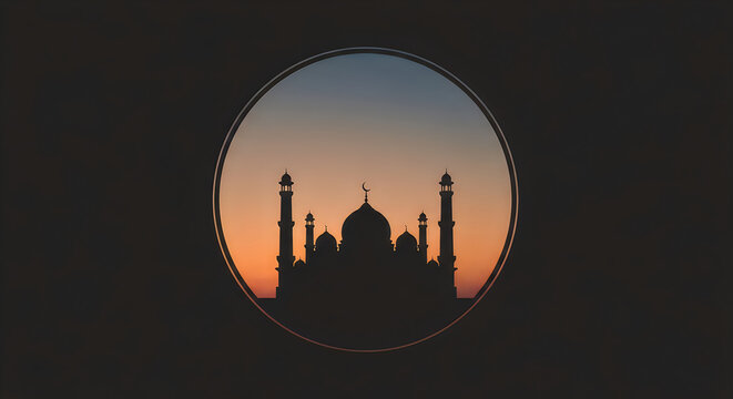 Silhouette of a mosque at sunset inside a circular frame