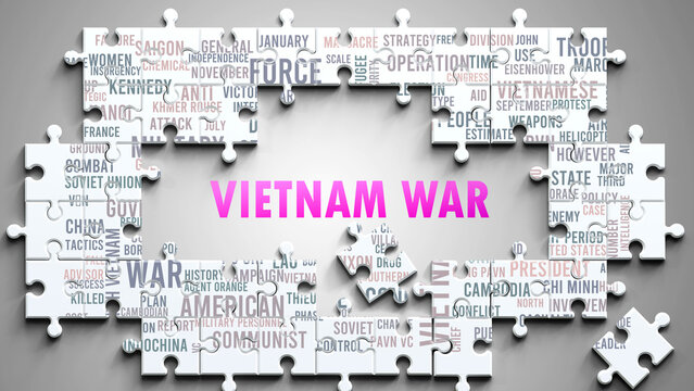 Vietnam War as a complex subject, related to important topics. Pictured as a puzzle and a word cloud made of most important ideas and phrases related to vietnam war. ,3d illustration