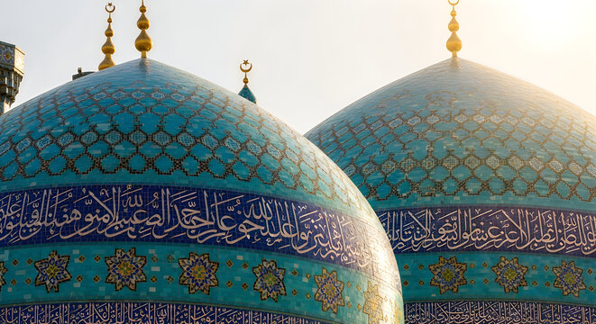 Beautiful green mosque domes with golden calligraphy details
