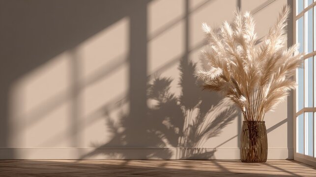 Interior space displays dried ornamental grass in a glass vase next to a sunlit window casting shadows.