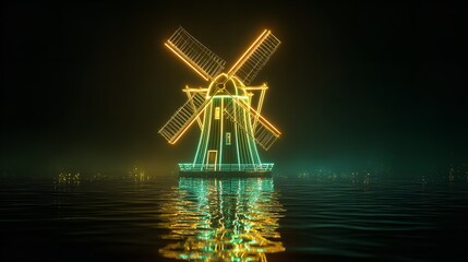 Obraz premium Neon windmill illuminated with various colors over a dark, reflective surface at night