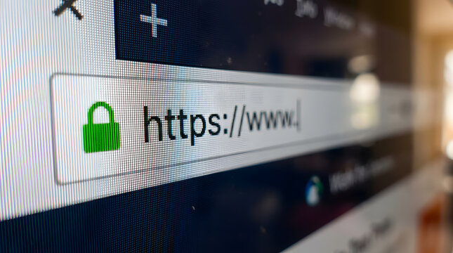 Macro Close-Up of HTTPS URL Address Bar with Green Padlock Security Icon on Browser Screen