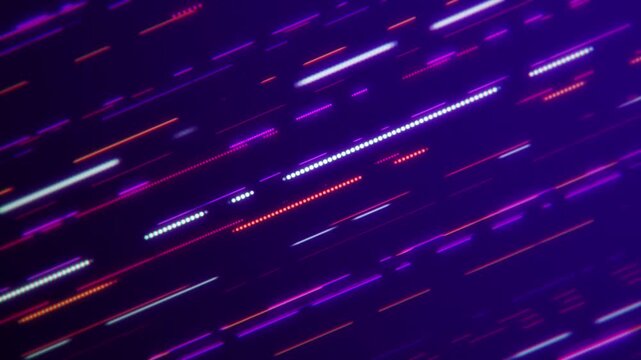 Colorful glowing neon lines, dashed lines and dots moving diagonally across the frame on a dark purple gradient background. Full HD, looping abstract motion background animation.