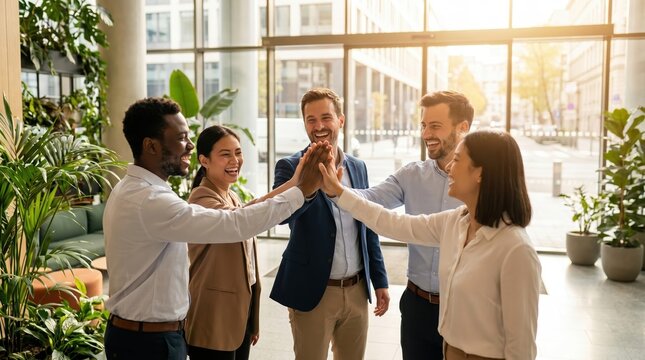 Diverse business team celebrates success with high five