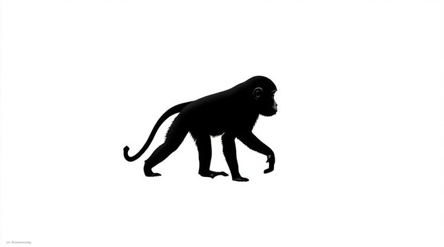 Black silhouette of a monkey walking on a white background, side view