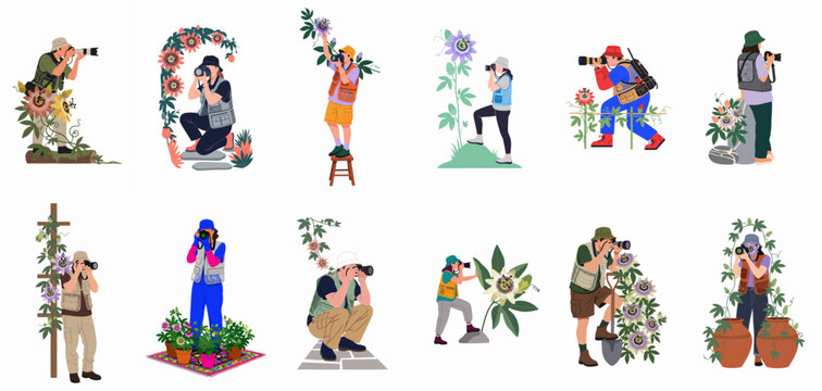 A set of flat vector illustrations of photographers in outdoor gear taking pictures of passion flowers in various natural and garden settings.