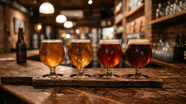 Four craft beer tasters showcase different amber and dark hues on a rustic wooden bar