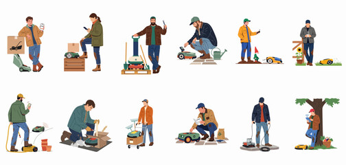Fototapeta premium Set of flat illustrations featuring people using smart gardening tools, robotic lawn mowers, and smartphone apps for modern yard maintenance.