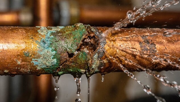 Close-up of a severely corroded copper pipe with water actively spraying and dripping from a burst, showcasing urgent plumbing repair needs