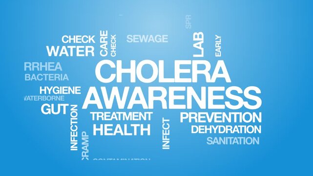 cholera awareness concept Animated Tag Word Cloud kinetic typography, Text Design Animation typography seamless loop video motion graphics Intro Wordart sky blue  background bg backdrop