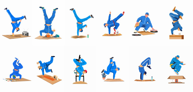 Set of vector illustrations featuring a male breakdancer in a blue tracksuit performing dynamic street dance moves and acrobatic poses on a white background.