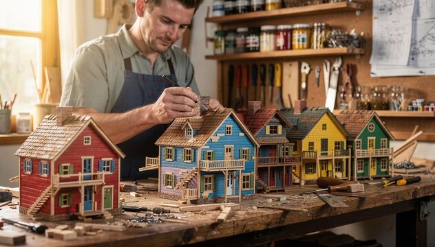Focused Artisan Meticulously Craft Architectural Miniatures in Rustic Workshop, Showcasing Creativity, Dedication, and Craftsmanship