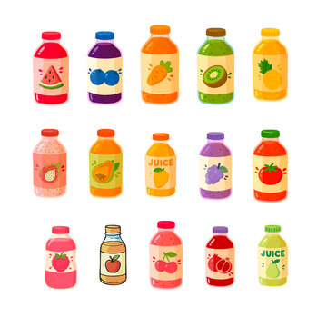 Set of colorful pixel art juice bottles with various fruit and vegetable flavors including strawberry orange kiwi and grape for healthy drink and beverage design