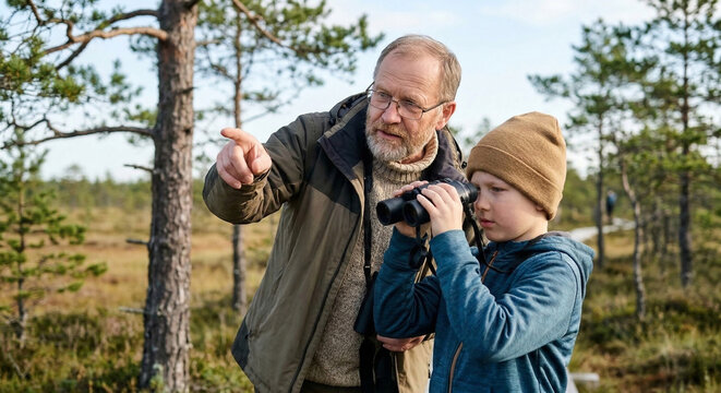Grandfather and Grandson Birdwatching