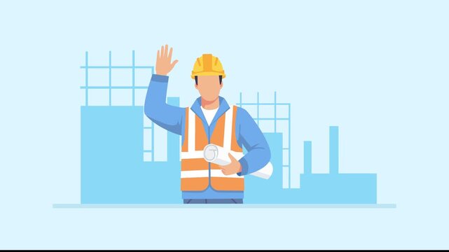 Video animation motion graphic of engineer holding blueprint at construction project 2D flat cartoon stock footage 4K high quality