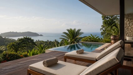 Fototapeta premium Private resort terrace with infinity pool sun loungers and panoramic tropical sea view