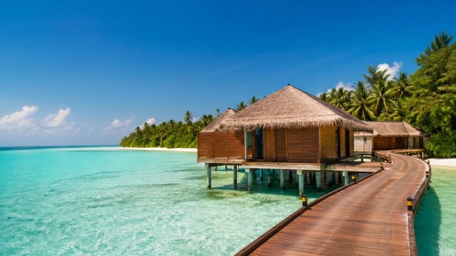 Overwater bungalow on clear turquoise lagoon with wooden walkway and tropical island beach