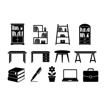 Furniture icon set of home and office furniture including chair sofa table bed desk lamp cabinet armchair kitchen interior vector silhouette illustration design icons