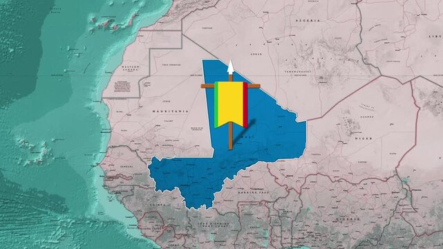 Mali is highlighted on an animated map with a waving flag motion video