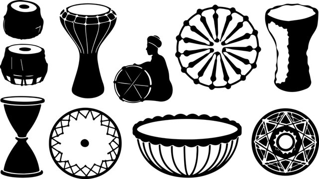 Black Silhouette Traditional World Drum and Percussion Instrument Collection Including Tabla Djembe Tambourine and Darbuka