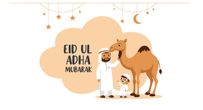 Eid Ul Adha Mubarak, Islamic Holiday, Ramadan Celebration, Muslim Family, Camel Illustration