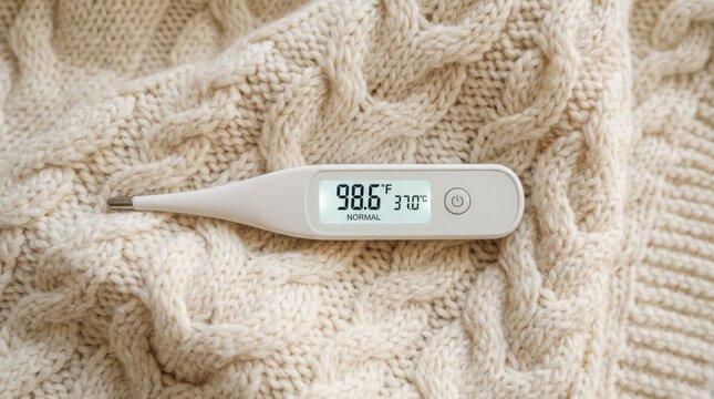 A digital thermometer displays 98.6 degrees on a cozy beige knitted blanket indoors.