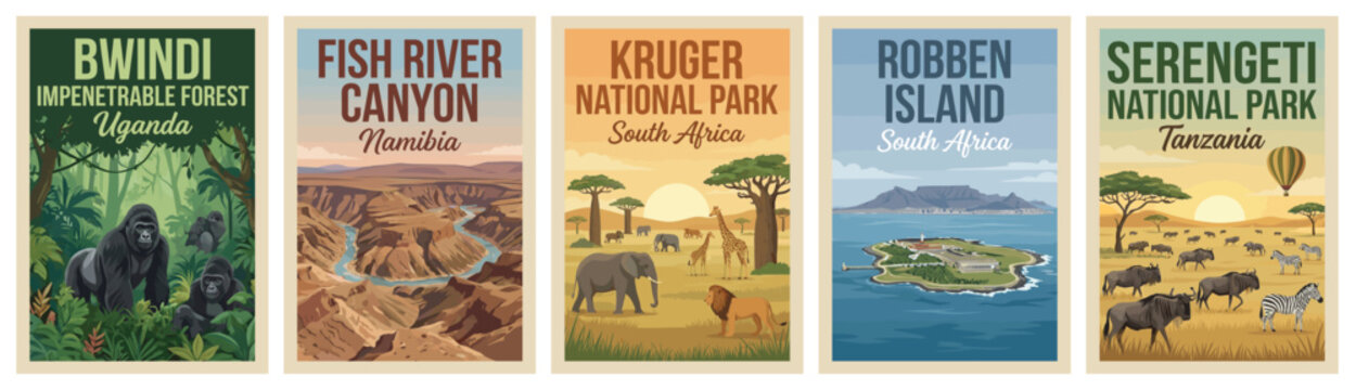 Vintage africa travel poster set. Including bwindi forest, fish river canyon, kruger national park, robben island, and serengeti. Retro vector illustration.