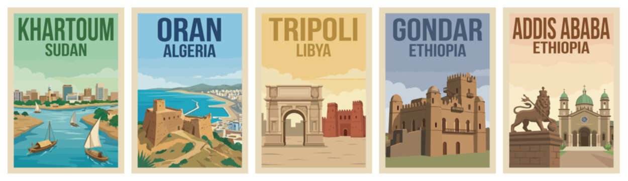 Vintage africa travel poster set. Including khartoum sudan, oran algeria, tripoli libya, gondar and addis ababa ethiopia. Retro vector illustration.