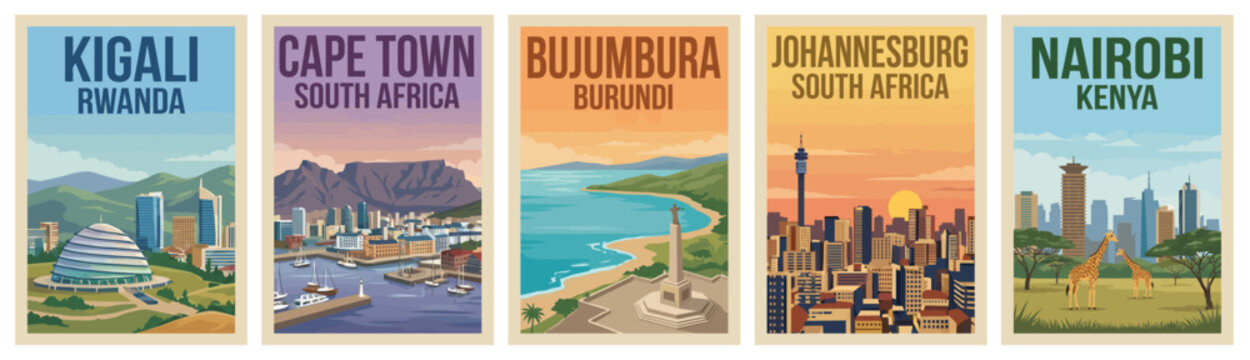 Vintage africa travel poster set. Including kigali, cape town, bujumbura, johannesburg, and nairobi. Retro vector illustration.